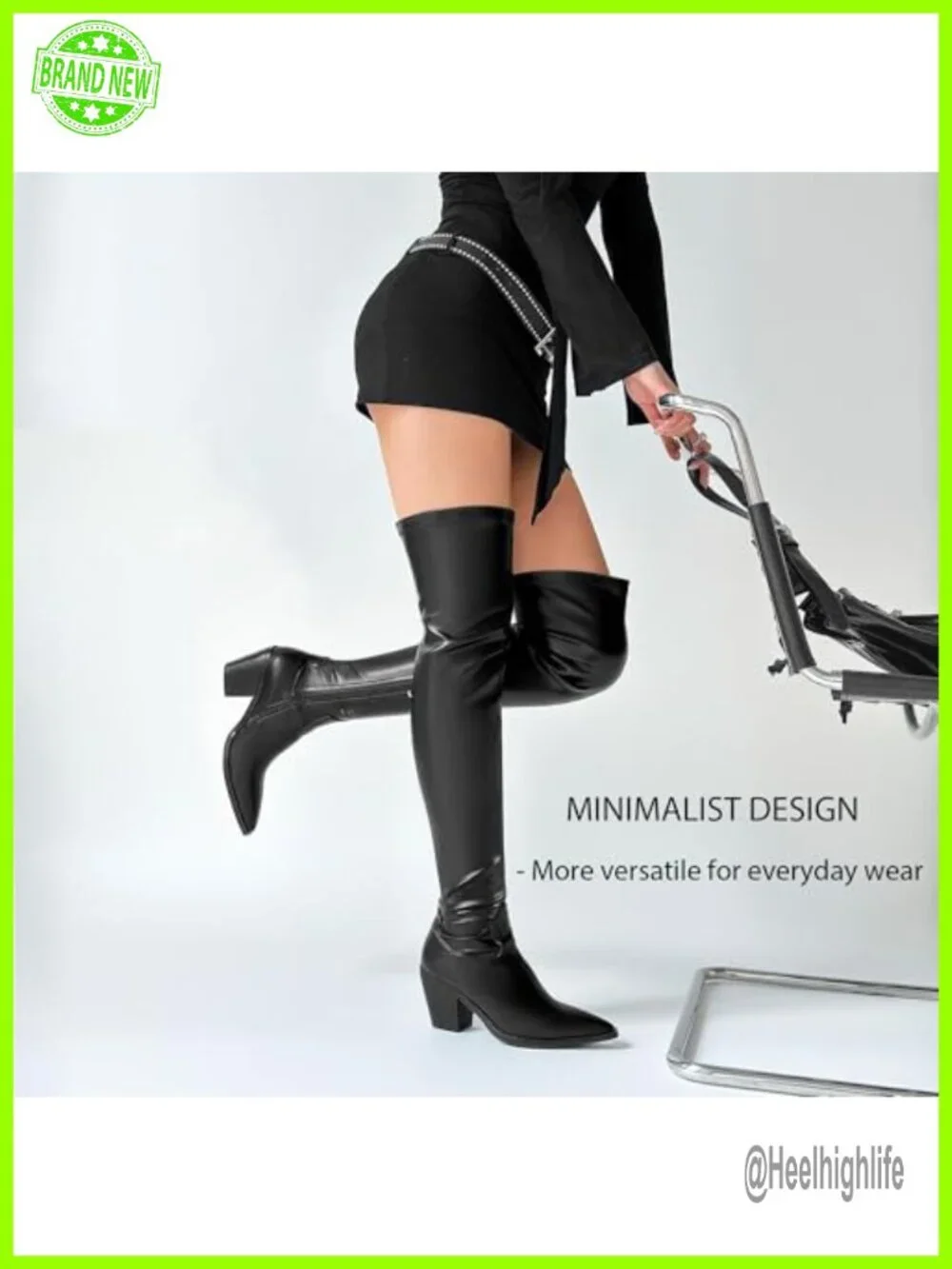 Stretch PU Leather Over-the-Knee Boots Block Heel Pointed Toe Zip Closure